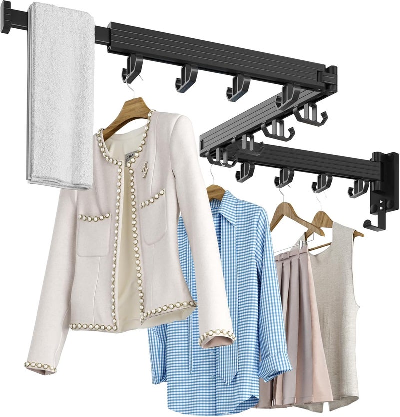 Kelisiting Wall Mount Clothes Drying Rack, Wall Mounted Drying Rack, Upgraded 3-Fold & Sturdy Laundry Drying Rack with 12 Dual-Side Hooks Space Saver for Laundry Room, Apartment, Dorms - Black - Image 1